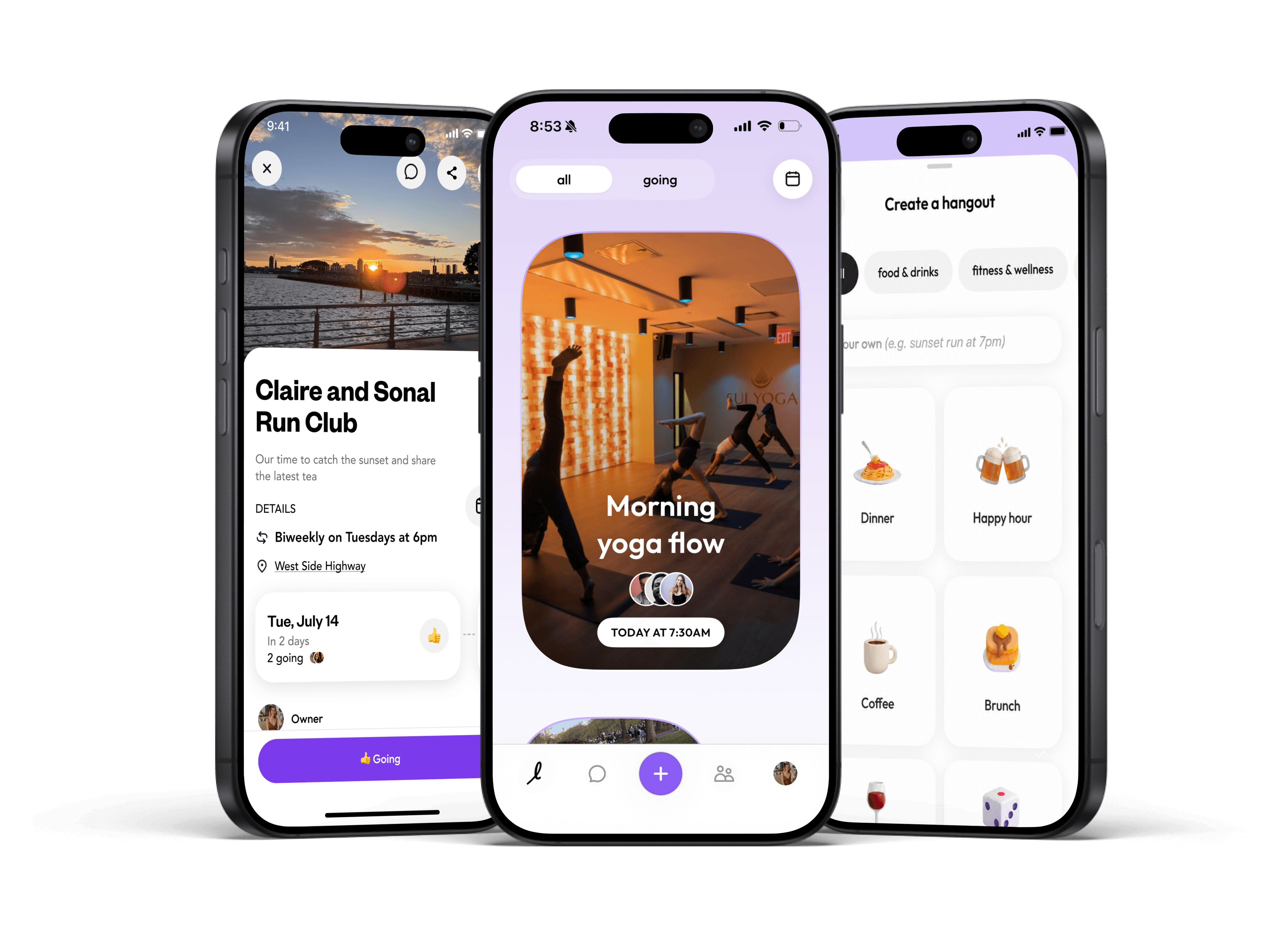 Looped hangout detail, feed, and create-a-hangout screens